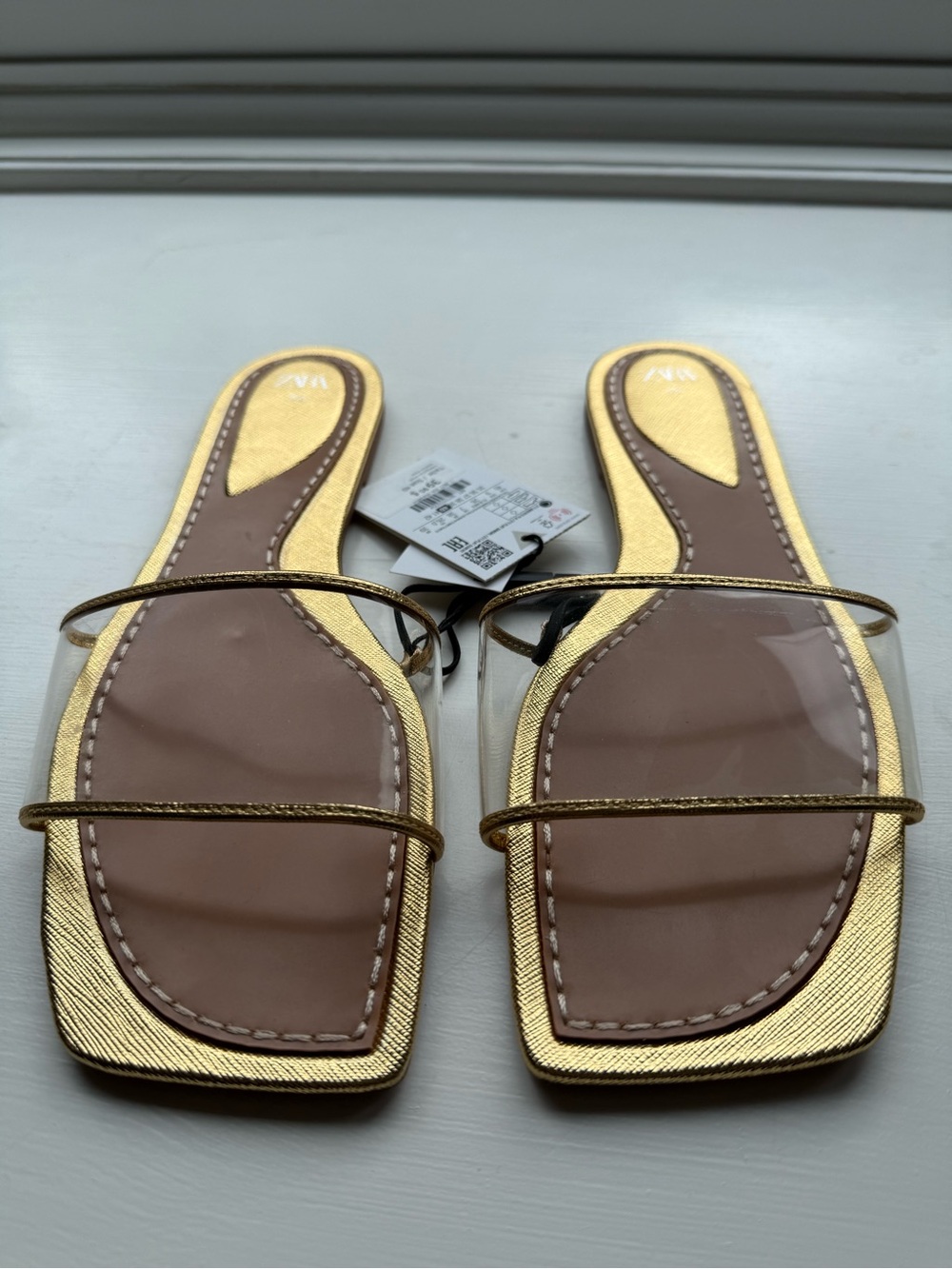 Zara Gold and Clear Slide Sandals - New With Tags